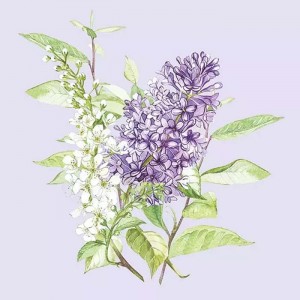 Салфетка для декупажа "Сирень и черёмуха на бледном лиловом" бумажная, 13314900, 33х33 см